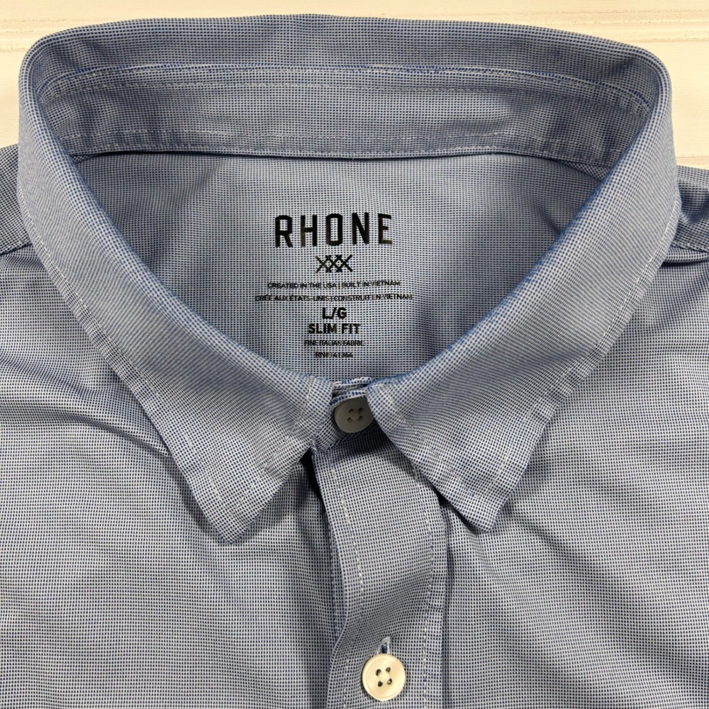 Rhone Commuter Shirt Men L Blue Slim Fit Micro Check Long Sleeve Button Down